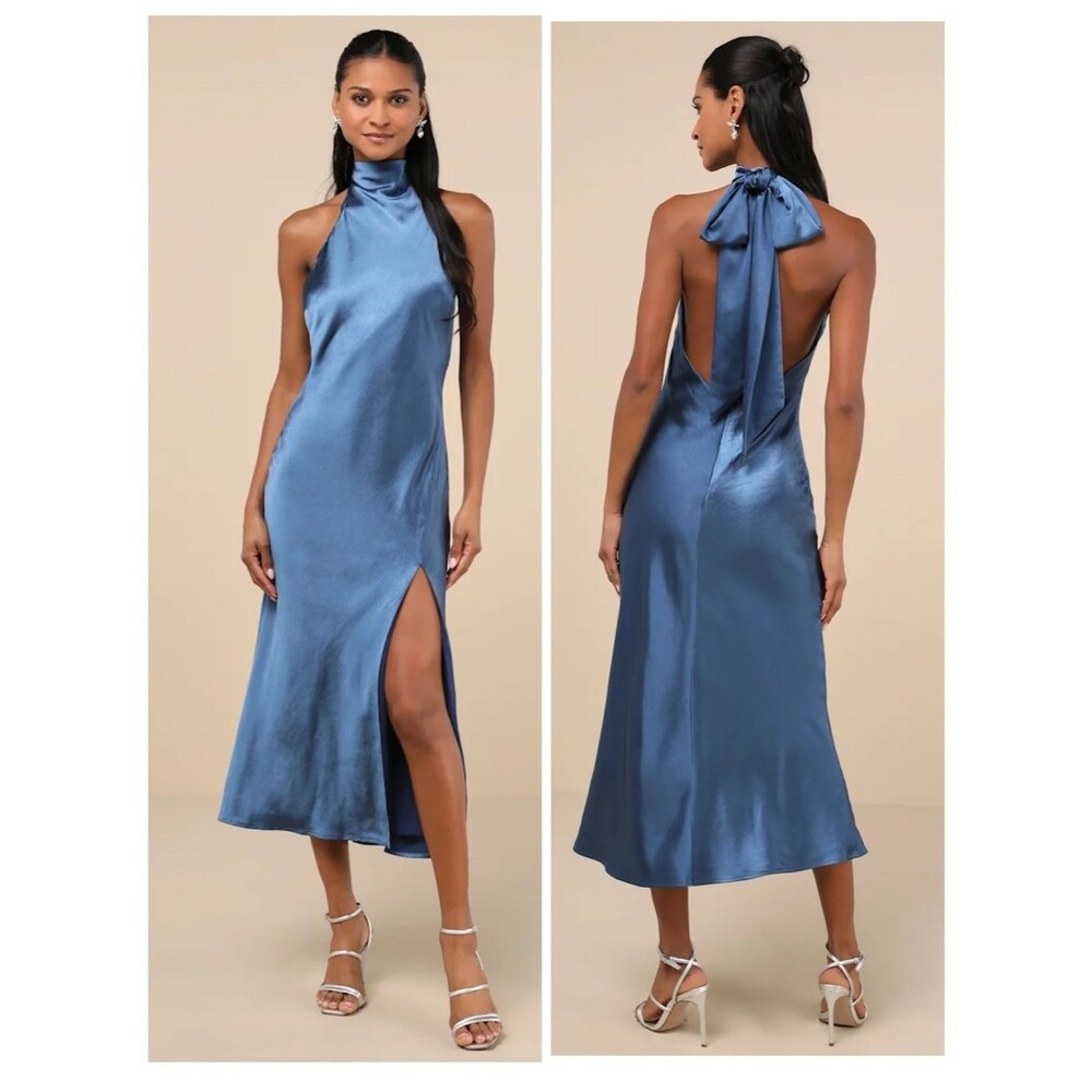 Lulus Exceptional Status Blue Halter Backless Slip Midi Dress Size Medium Gala